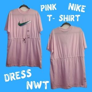NIKE Women’s Pink T-Shirt Dress w/ Green Swoosh • Size Large • NWT • Drawstring